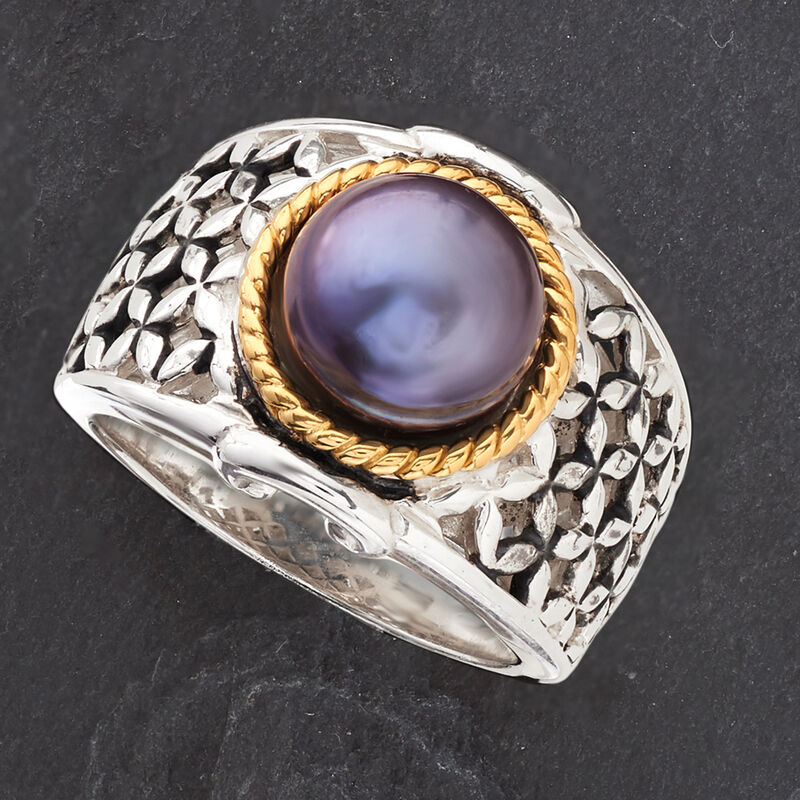 9.5-10mm Black Cultured Button Pearl Ring in Two-Tone Sterling Silver image number 6