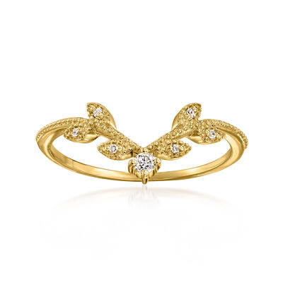C. 1990 Vintage 14kt Yellow Gold Curved Leaf Ring with Diamonds