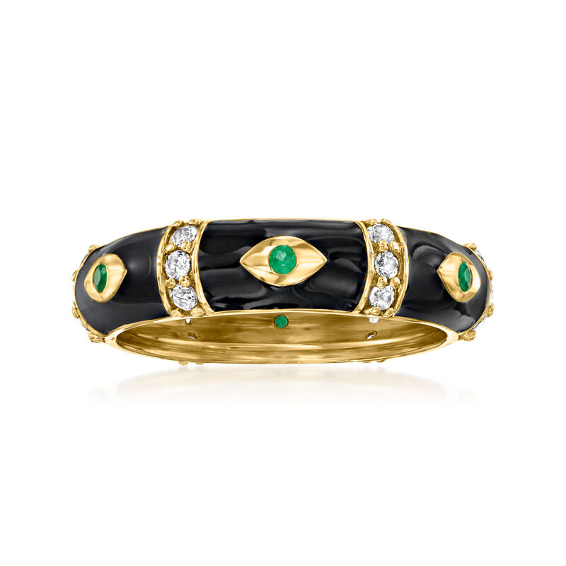 .30 ct. t.w. White Topaz Evil Eye Ring with Emerald Accents and Black Enamel in 18kt Gold Over Sterling image number 0