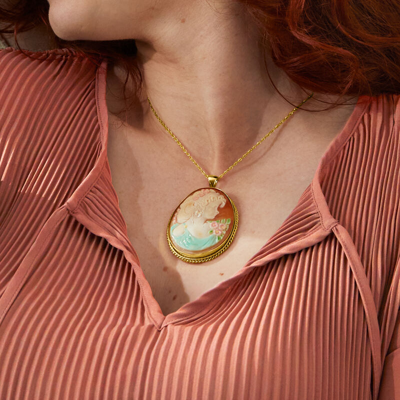Italian Orange Shell Cameo Pendant Necklace with Multicolored Enamel in 18kt Gold Over Sterling image number 3