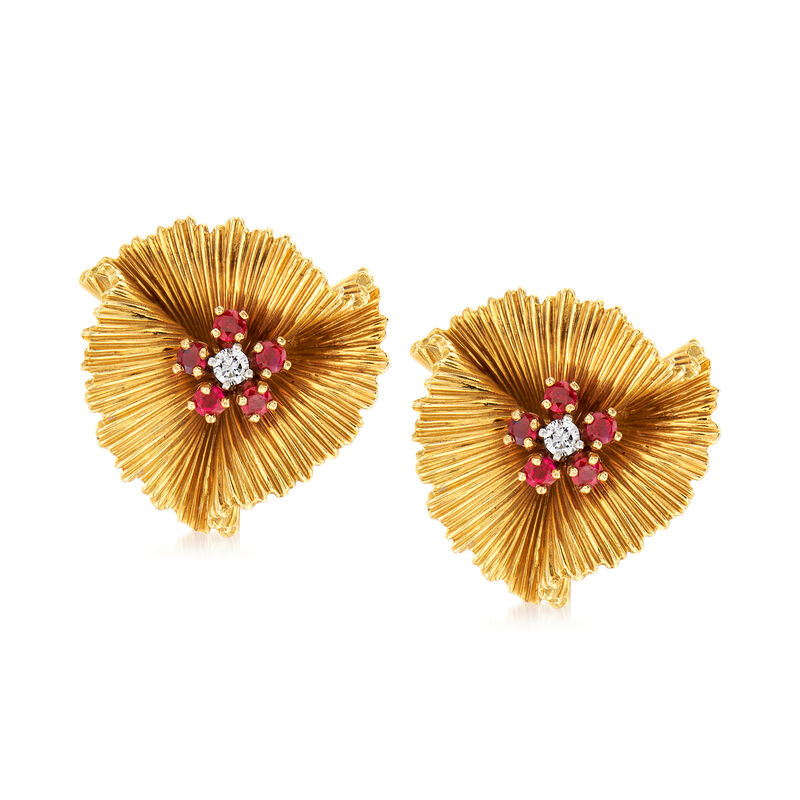 C. 1960 Vintage Tiffany Jewelry .60 ct. t.w. Ruby and .15 ct. t.w. Diamond Flower Earrings in 18kt Yellow Gold image number 0