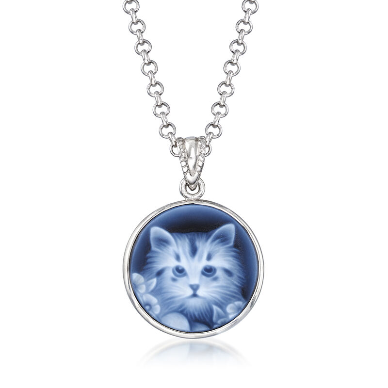 Italian Blue Agate Cat Cameo Pendant Necklace in Sterling Silver. 18&quot; image number 1