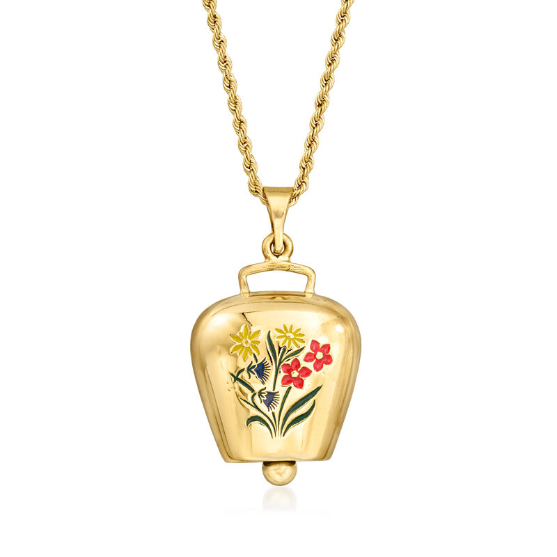 C. 1970 Vintage Multicolored Enamel Cowbell Pendant Necklace in 18kt Yellow Gold image number 0