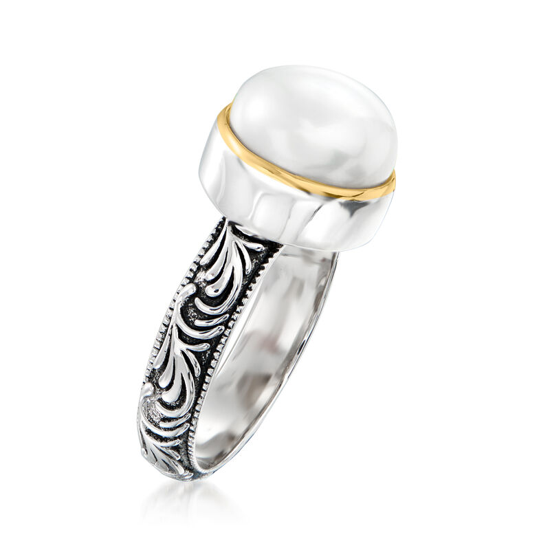 10mm Cultured Pearl Scrollwork Ring in Sterling Silver with 14kt Yellow Gold image number 2