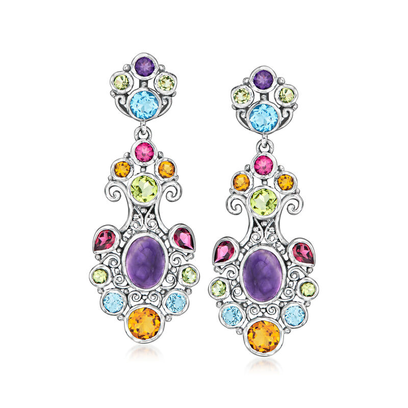 8.00 ct. t.w. Multi-Gemstone Bali-Style Filigree Drop Earrings in Sterling Silver image number 0
