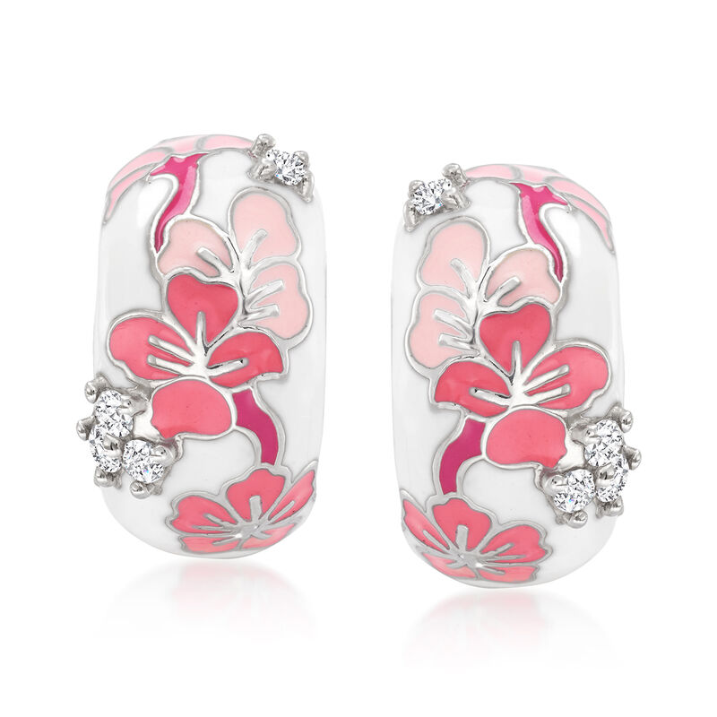 Belle Etoile &quot;Constellations: Sakura&quot; Pink Enamel and .24 ct. t.w. CZ Earrings in Sterling Silver. 5/8&quot; image number 0