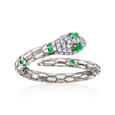 Italian .14 ct. t.w. Simulated Emerald and .10 ct. t.w. CZ Snake Ring in Sterling Silver