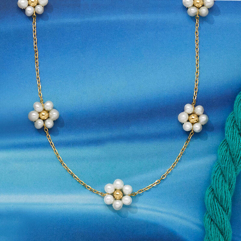 3-3.5mm Cultured Pearl Flower Station Necklace in 14kt Yellow Gold image number 4