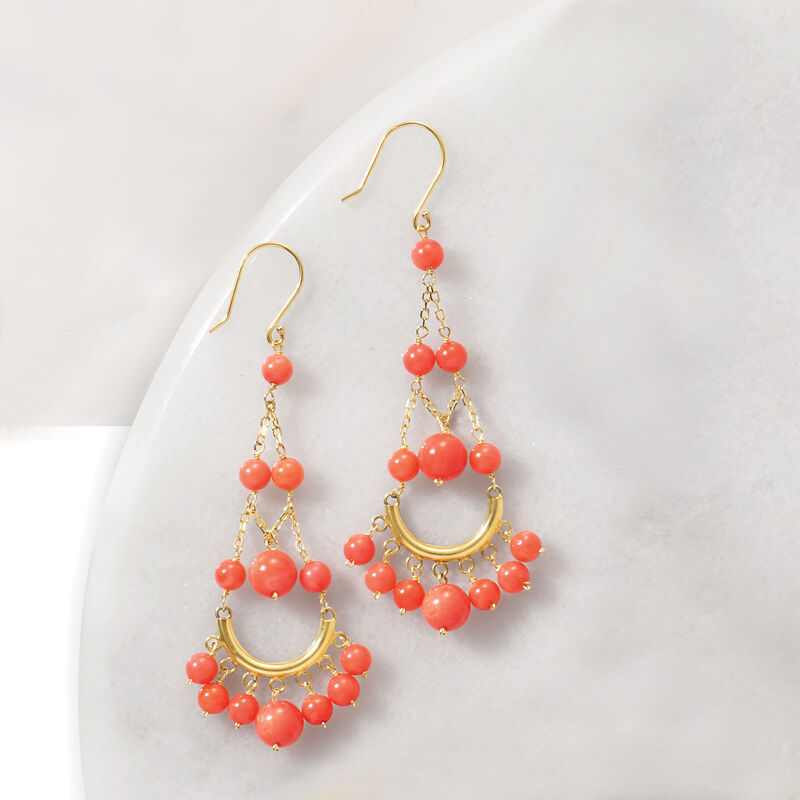 4-7mm Coral Chandelier Drop Earrings in 14kt Yellow Gold image number 2