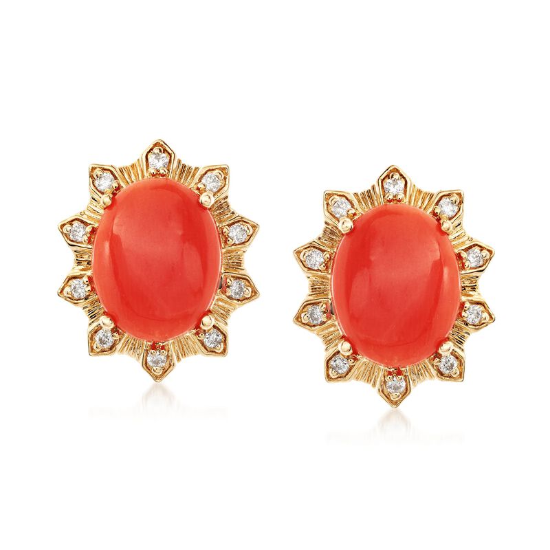 Coral and .14 ct. t.w. Diamond Stud Earrings in 18kt Yellow Gold image number 0