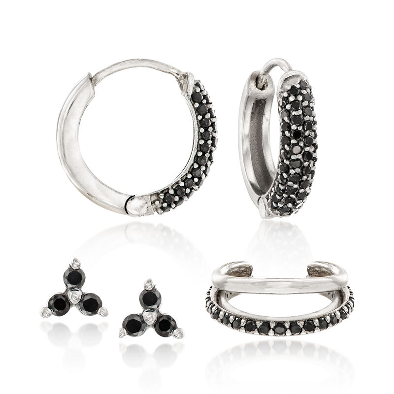 .70 ct. t.w. Black Spinel 5-pc. Jewelry Set: Earrings, Hoop Earrings and Single Ear Cuff in Sterling Silver image number 0
