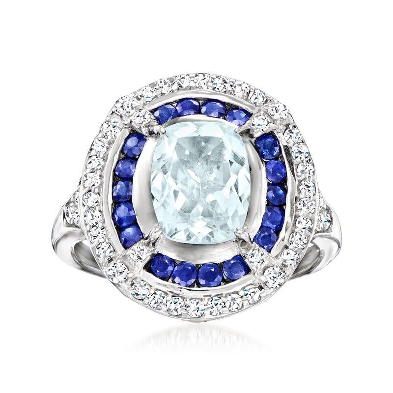 1.70 Carat Aquamarine and .50 ct. t.w. Sapphire Ring with .50 ct. t.w. White Topaz in Sterling Silver image number 0