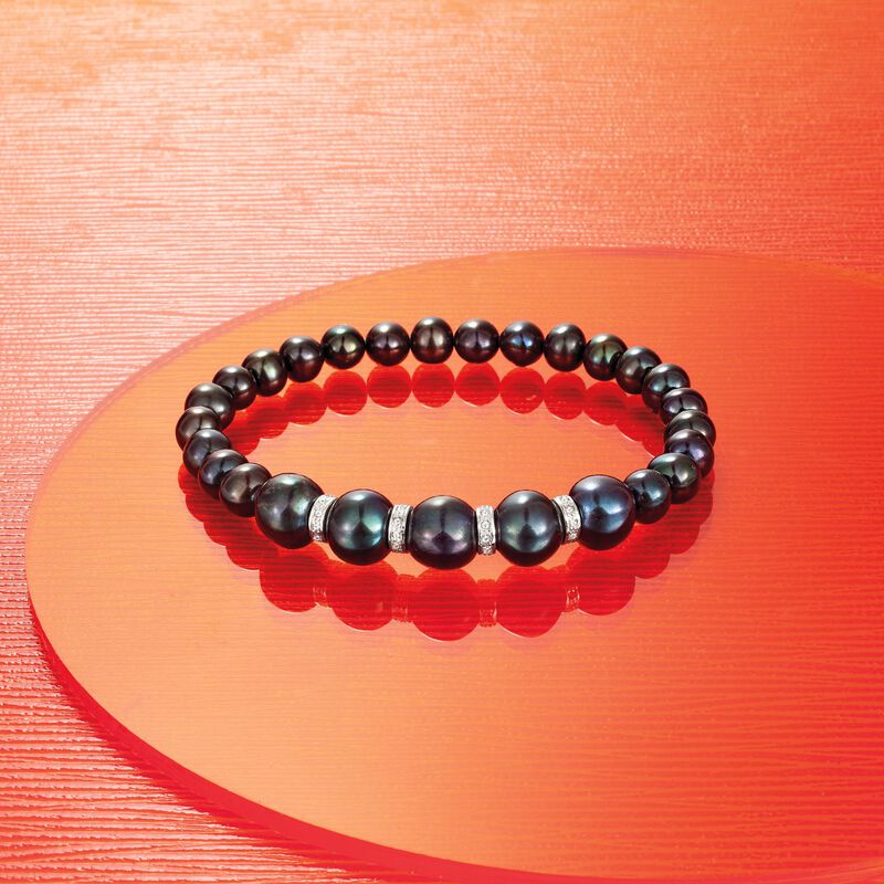 6-8.5mm Black Cultured Pearl and .25 ct. t.w. Diamond Stretch Bracelet with Sterling Silver image number 2
