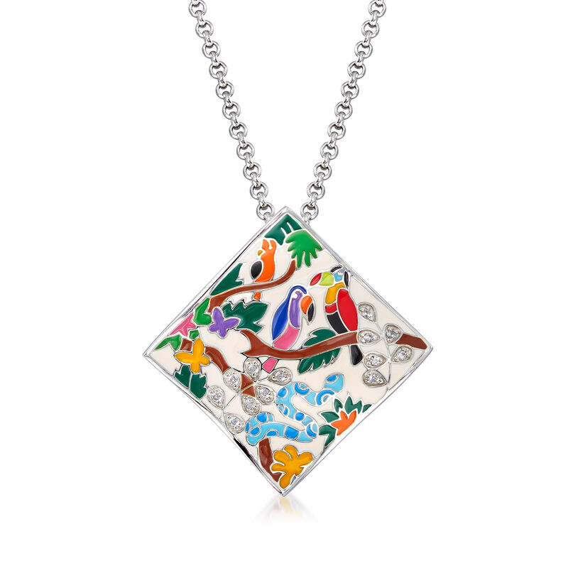 Belle Etoile &quot;Tropical Rainforest&quot; Ivory and Multicolored Enamel Pendant with .14 ct. t.w. CZs in Sterling Silver image number 0