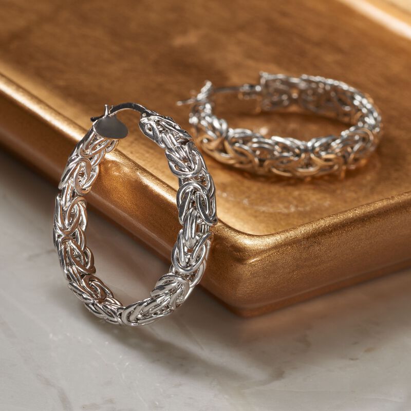 Sterling Silver Medium Byzantine Hoop Earrings. 1 1/4&quot; image number 2