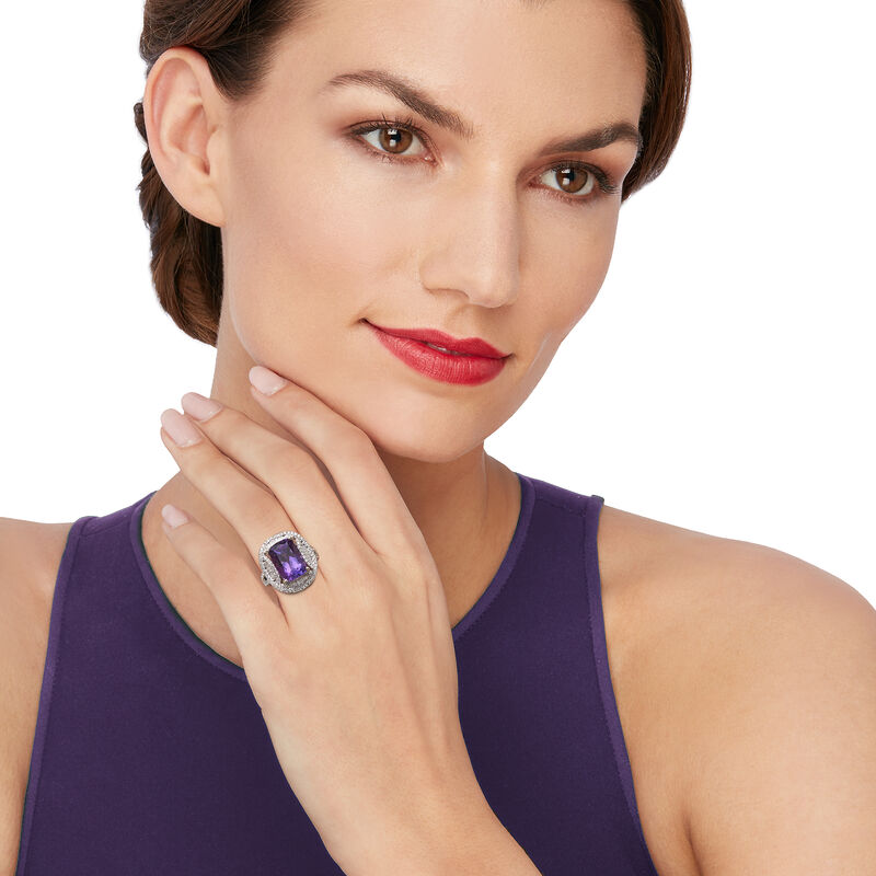 C. 1990 Vintage Cushion-Cut 5.65 Carat Amethyst with 1.17 ct. t.w. Diamond Ring in 18kt White Gold. Size 6.5 image number 1