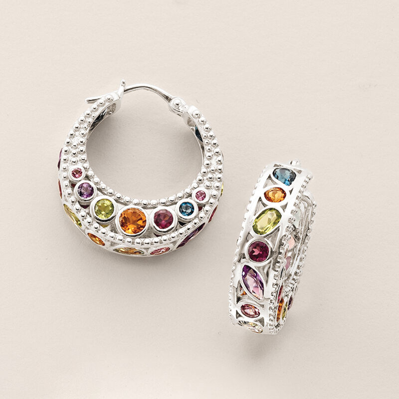 6.70 ct. t.w. Multi-Stone Hoop Earrings in Sterling Silver. 1&quot; image number 2