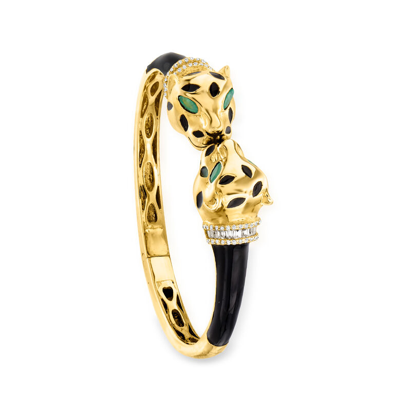 1.30 ct. t.w. White Zircon and .60 ct. t.w. Green Chrome Diopside Panther Bangle Bracelet in 18kt Gold Over Sterling with Black Enamel   image number 2