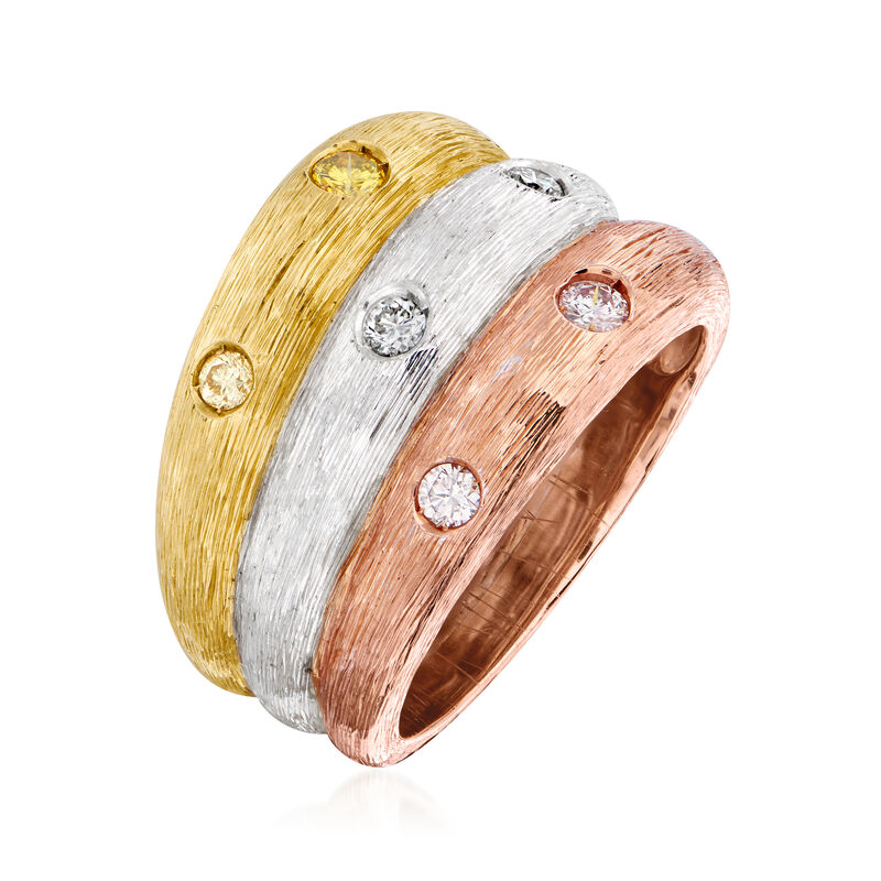 C. 1980 Vintage .36 ct. t.w. Yellow, White and Pink Diamond Three-Row Ring in 18kt Tri-Colored Gold image number 2