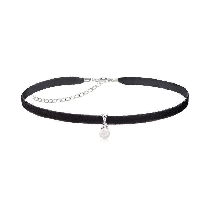 7-7.5mm Cultured Pearl and Diamond Pendant Choker Necklace with Sterling Silver and Black Velvet Cord. 13&quot; image number 0