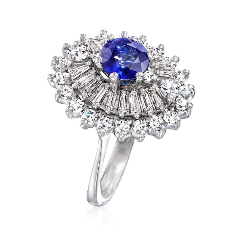 C. 1970 Vintage 1.23 Carat Sapphire and 1.20 ct. t.w. Diamond Dinner Ring in 14kt White Gold. Size 5.25 image number 2