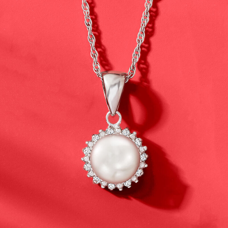 7-7.5mm Cultured Pearl Pendant Necklace with Diamonds in Sterling Silver. 18&quot; image number 2