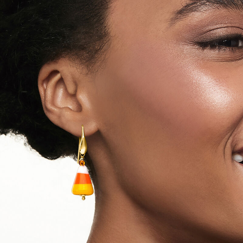 Italian Murano Glass Halloween Candy Corn Drop Earrings in 18kt Gold Over Sterling image number 1