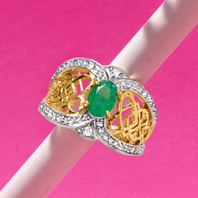 .80 Carat Emerald and .40 ct. t.w. White Zircon Celtic Knot Ring in 18kt Gold Over Sterling image number 3