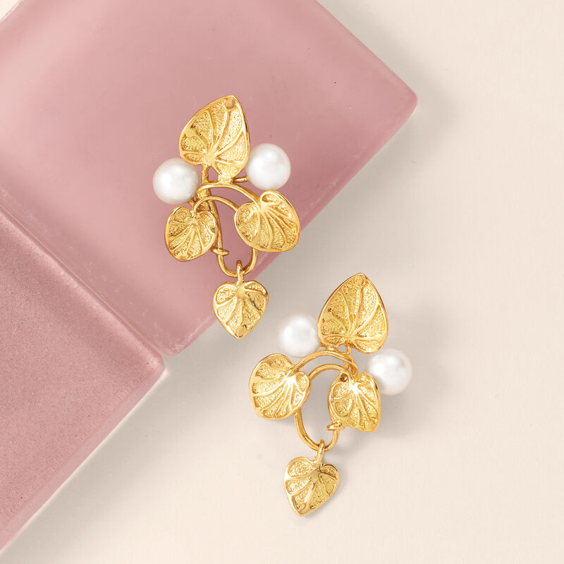 Italian 6mm Cultured Pearl Vine Drop Earrings in 18kt Gold Over Sterling image number 2