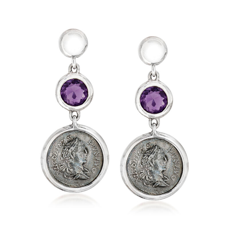 C. 1990 Vintage 3.10 ct. t.w. Amethyst Drop Earrings with Antique Coins in Sterling Silver image number 0