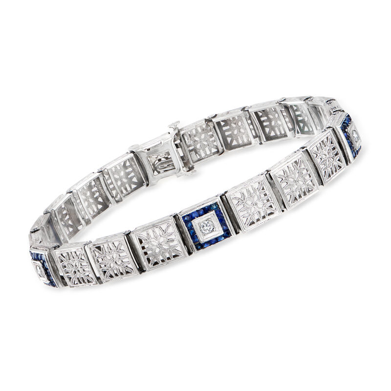 C. 1950 Vintage 2.00 ct. t.w. Synthetic Sapphire and .20 ct. t.w. Diamond Link Bracelet in 14kt White Gold. 7.5&quot; image number 0