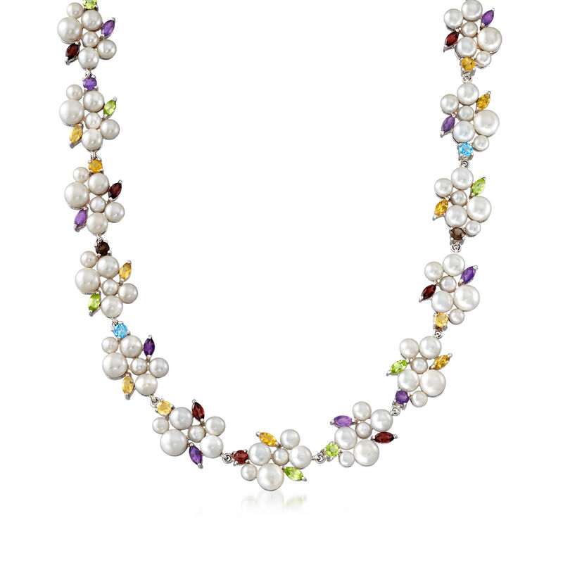 4-7.5mm Cultured Pearl and 17.20 ct. t.w. Multi-Gem Necklace in Sterling Silver image number 0