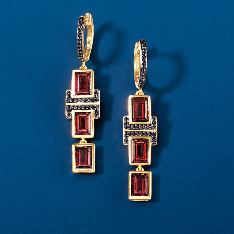6.50 ct. t.w. Garnet and .20 ct. t.w. Black Spinel Drop Earrings in 18kt Gold Over Sterling  image number 3