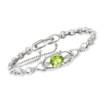 C. 1970 Vintage 1.25 Carat Peridot and .15 ct. t.w. Diamond Bracelet in 14kt White Gold