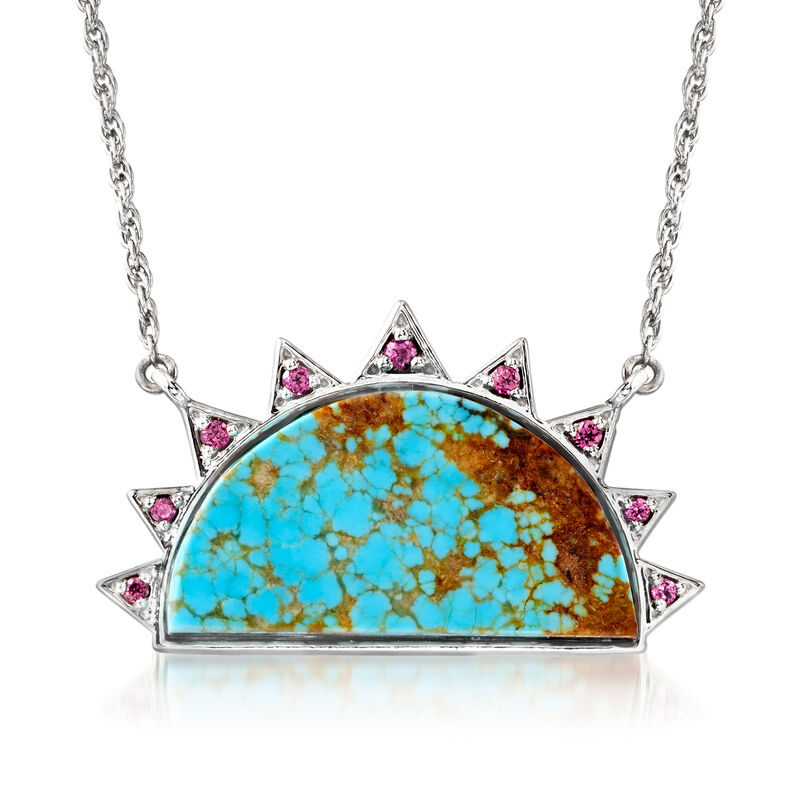 Stabilized Turquoise and .26 ct. t.w. Rhodolite Garnet Sun Necklace in Sterling Silver image number 0