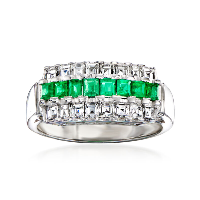 C. 1990 Vintage .65 ct. t.w. Diamond and .47 ct. t.w. Emerald Three-Row Ring in Platinum. Size 6.25 image number 0