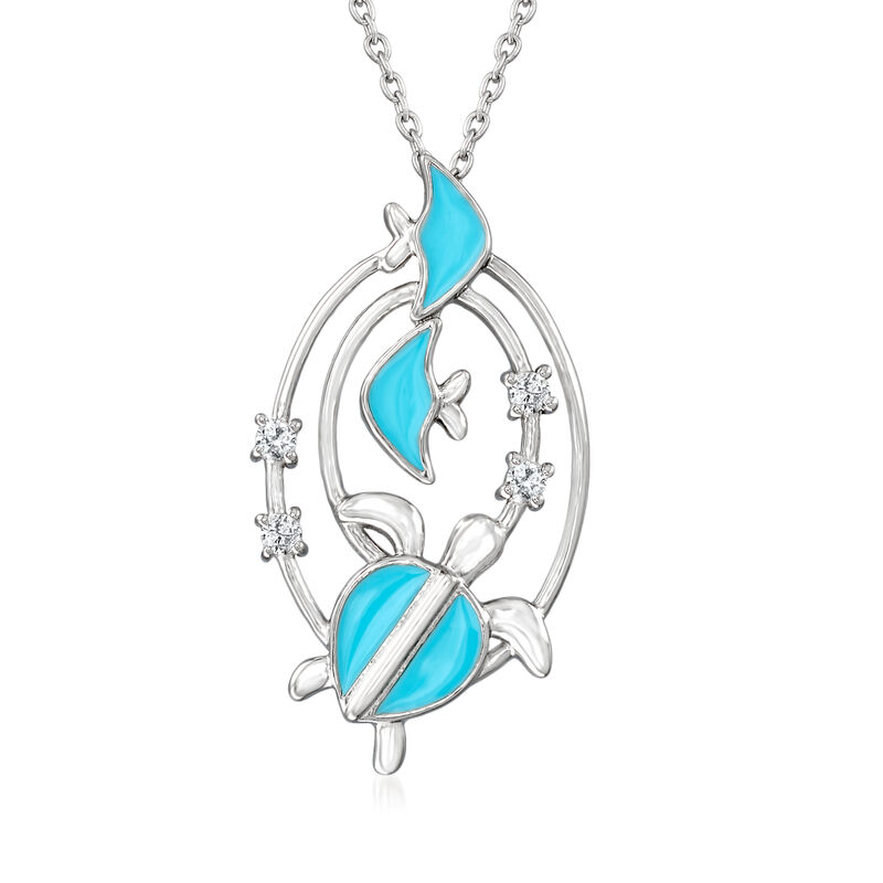 Turquoise Enamel Sea Life Pendant Necklace with .18 ct. t.w. White Topaz in Sterling Silver image number 0