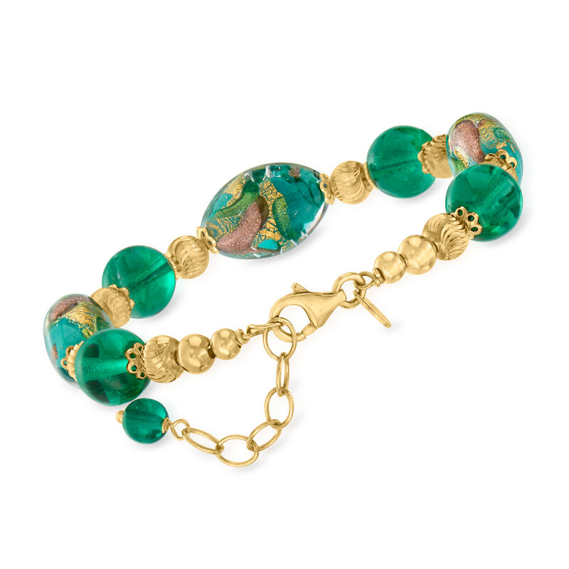 Italian Green and Goldtone Murano Glass Bead Bracelet in 18kt Gold Over Sterling image number 2