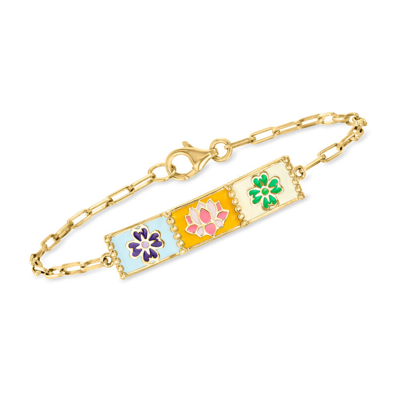 Multicolored Enamel Floral ID Paper Clip Link Bracelet in 18kt Gold Over Sterling image number 0