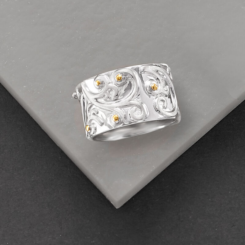 Sterling Silver Wide Scroll Ring with 14kt Yellow Gold image number 3