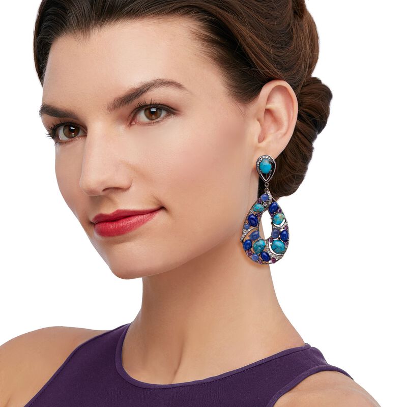 Turquoise and Lapis Drop Earrings with 5.00 ct. t.w. Multi-Stones in Sterling Silver  image number 1