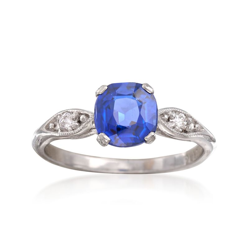 C. 1990 Vintage 1.26 Carat Sapphire Ring with Diamond Accents in Platinum. Size 4.5 image number 0