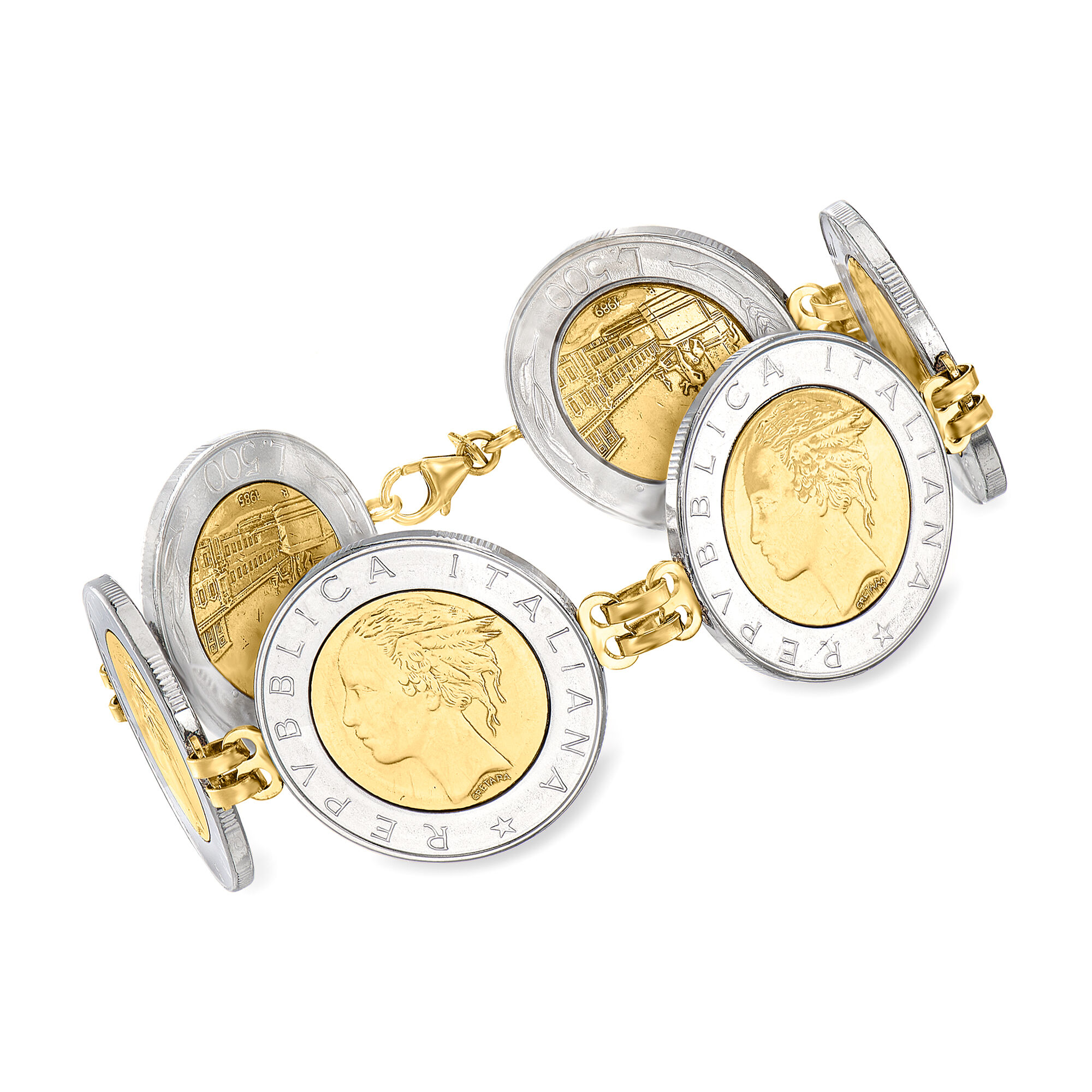 Italian Genuine 500-Lira Coin Bracelet with 14kt Yellow Gold