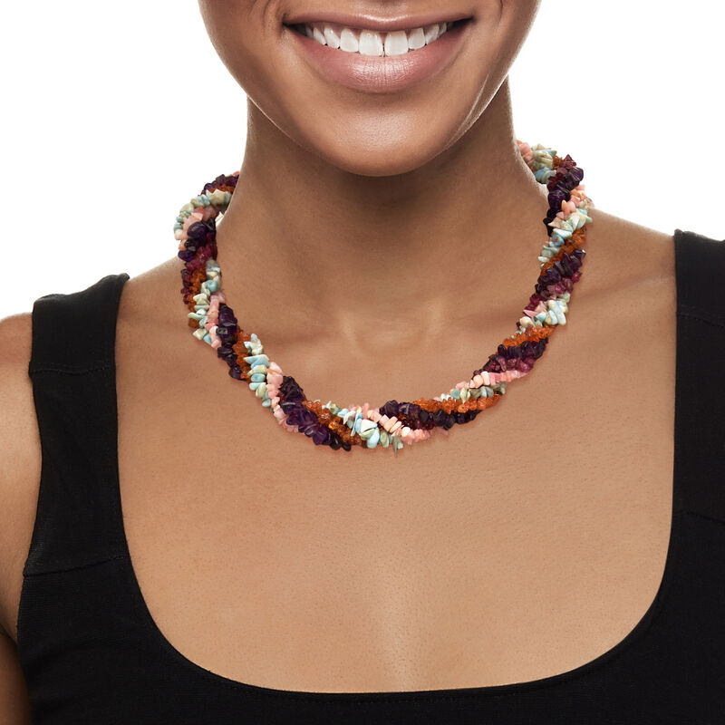 Multi-Gemstone Torsade Necklace with 18kt Gold Over Sterling. 18&quot; image number 0