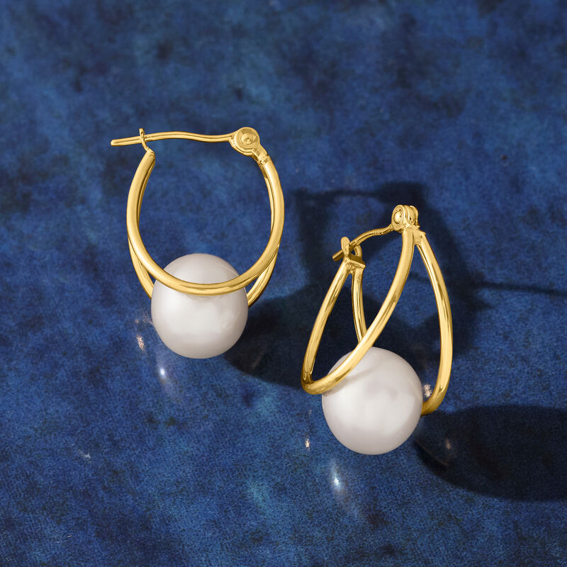 8-9mm Cultured Pearl Double-Hoop Earrings in 14kt Yellow Gold. 3/4&quot; image number 4