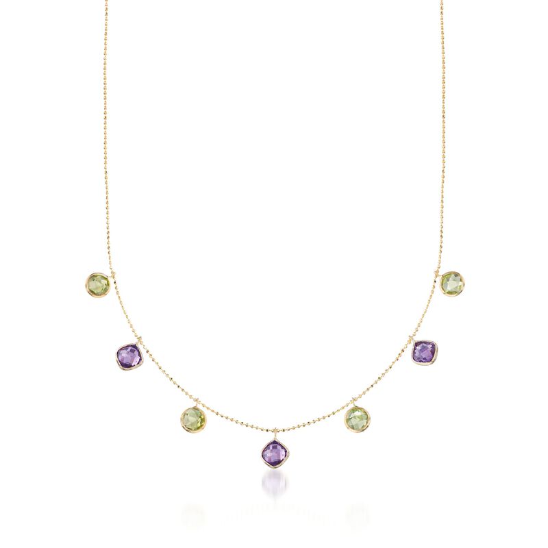 3.20 ct. t.w. Peridot and 2.50 ct. t.w. Amethyst Station Necklace in 14kt Yellow Gold. 16&quot; image number 1
