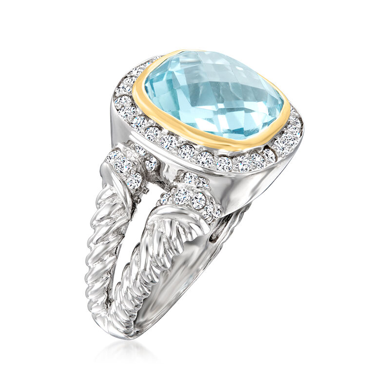 7.75 Carat Sky Blue Topaz and .90 ct. t.w. White Topaz Ring in Sterling Silver and 14kt Yellow Gold image number 2