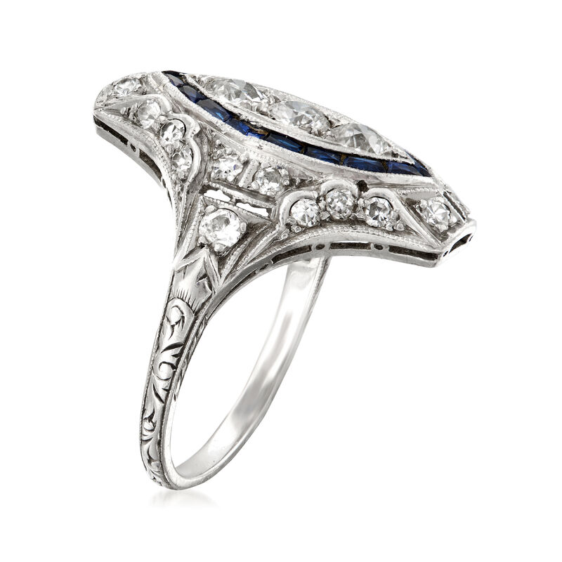 C. 1950 Vintage 1.00 ct. t.w. Diamond and .25 ct. t.w. Simulated Sapphire Ring in Platinum. Size 6.5 image number 2