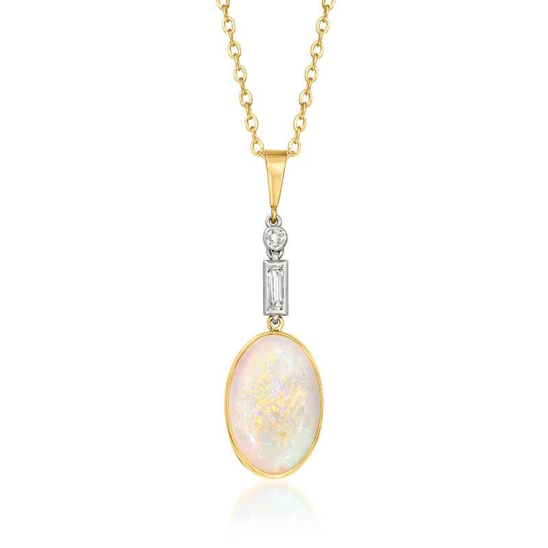 C. 1940 Vintage Opal and .13 ct. t.w. Diamond Pendant Necklace in Platinum and 18kt Yellow Gold image number 0