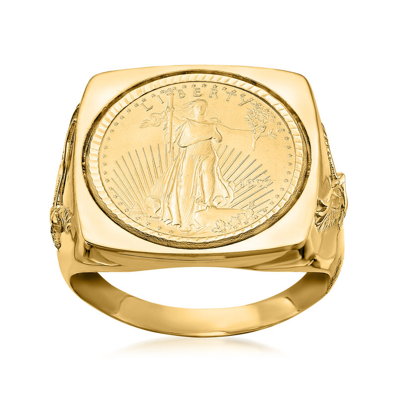 Men's 22kt Yellow Gold American Eagle Coin Square-Top Ring in 14kt Yellow Gold image number 0